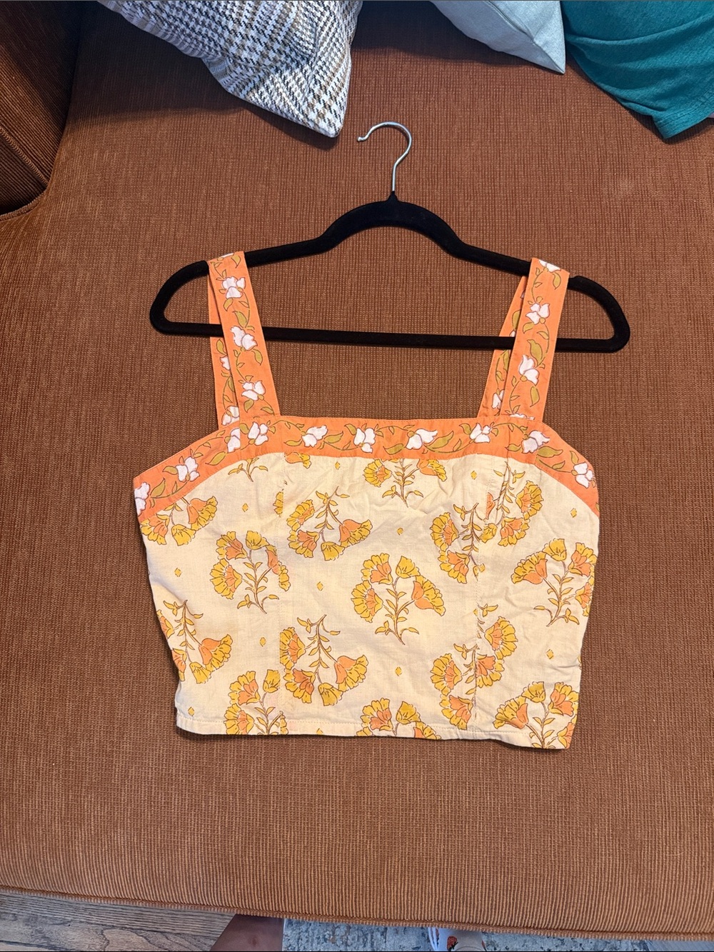 Bila Yellow and Orange Floral Square-Neck Crop Top